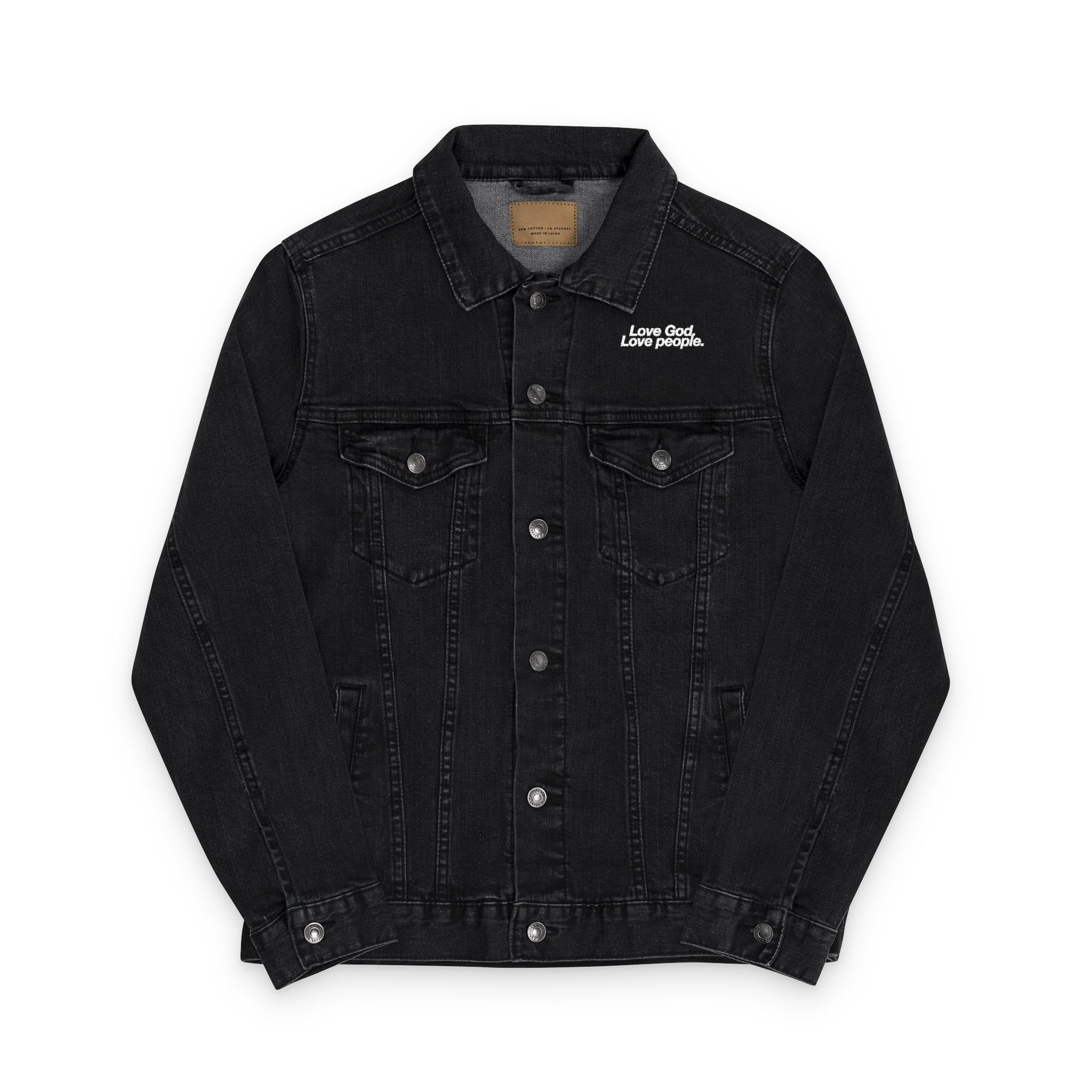 LOVE GOD, LOVE PEOPLE. Unisex Embroidered Denim Jacket, Casual Outerwear, Vintage Style Jacket, Perfect Gift for Friends, Trendy Layering Piece