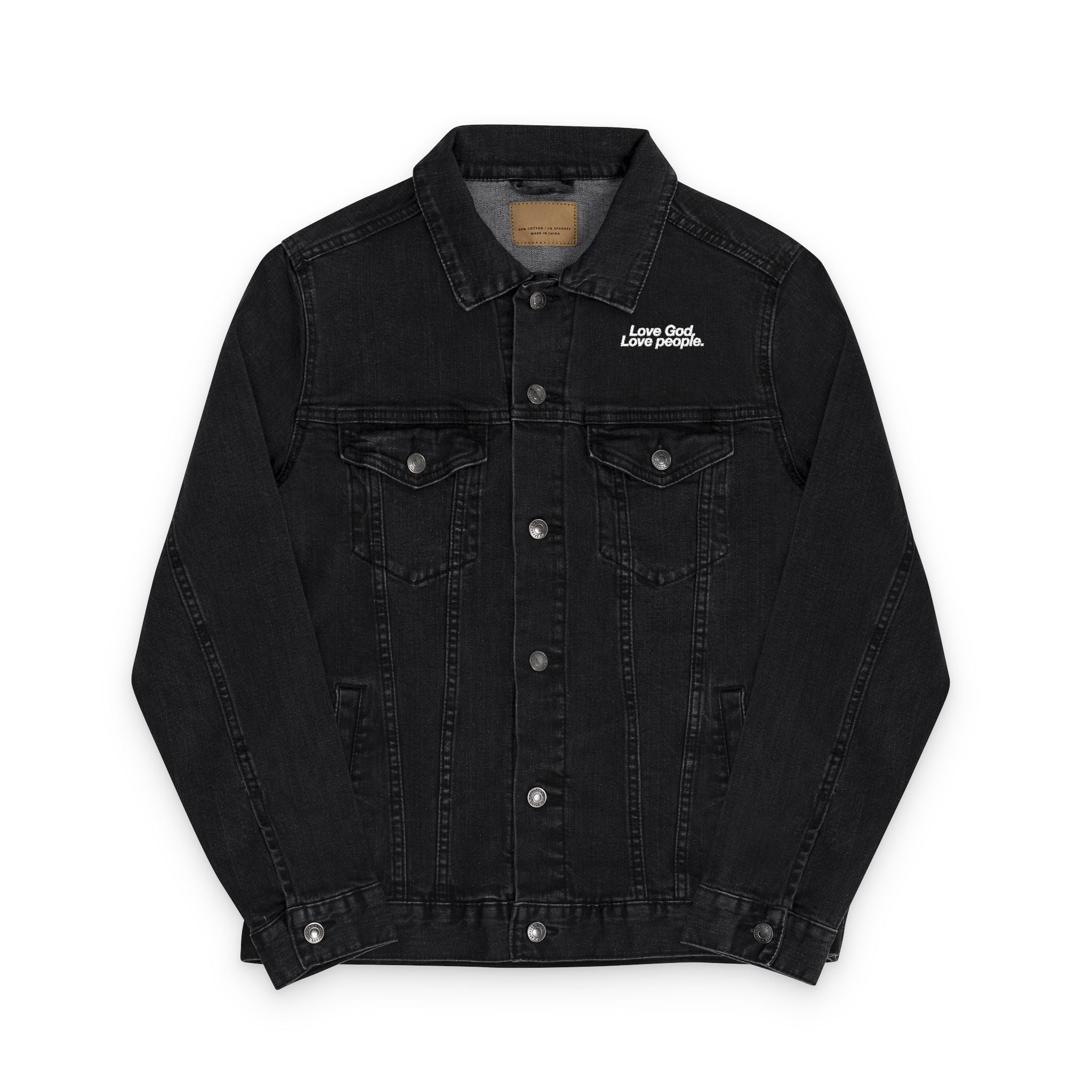 LOVE GOD, LOVE PEOPLE. Unisex Embroidered Denim Jacket, Casual Outerwear, Vintage Style Jacket, Perfect Gift for Friends, Trendy Layering Piece