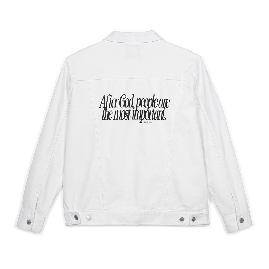 LOVE GOD, LOVE PEOPLE. Unisex Embroidered Denim Jacket - Inspirational Quotes, Casual Fashion, Gift for Her, Customizable Outerwear, Perfect for Spring