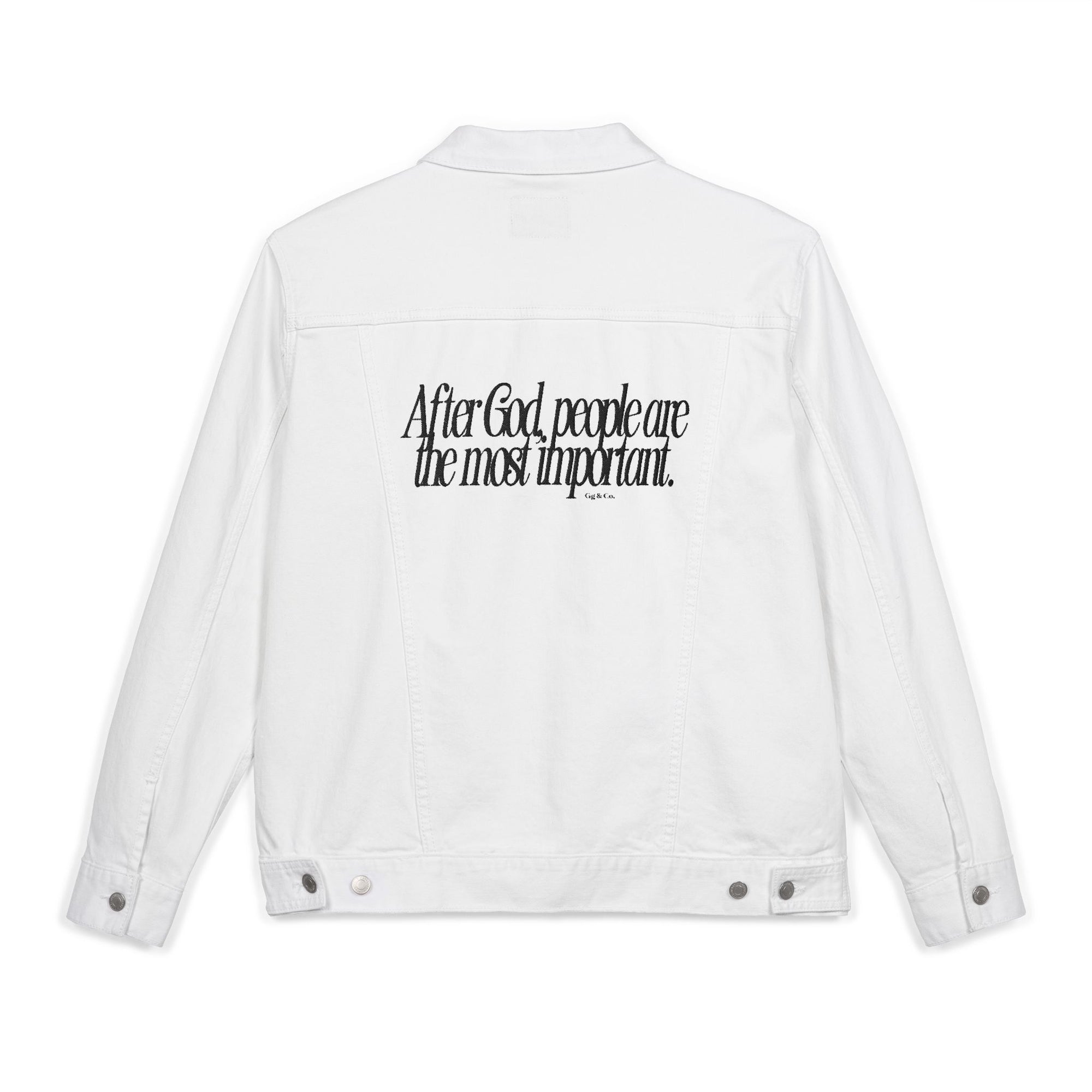 LOVE GOD, LOVE PEOPLE. Unisex Embroidered Denim Jacket - Inspirational Quotes, Casual Fashion, Gift for Her, Customizable Outerwear, Perfect for Spring