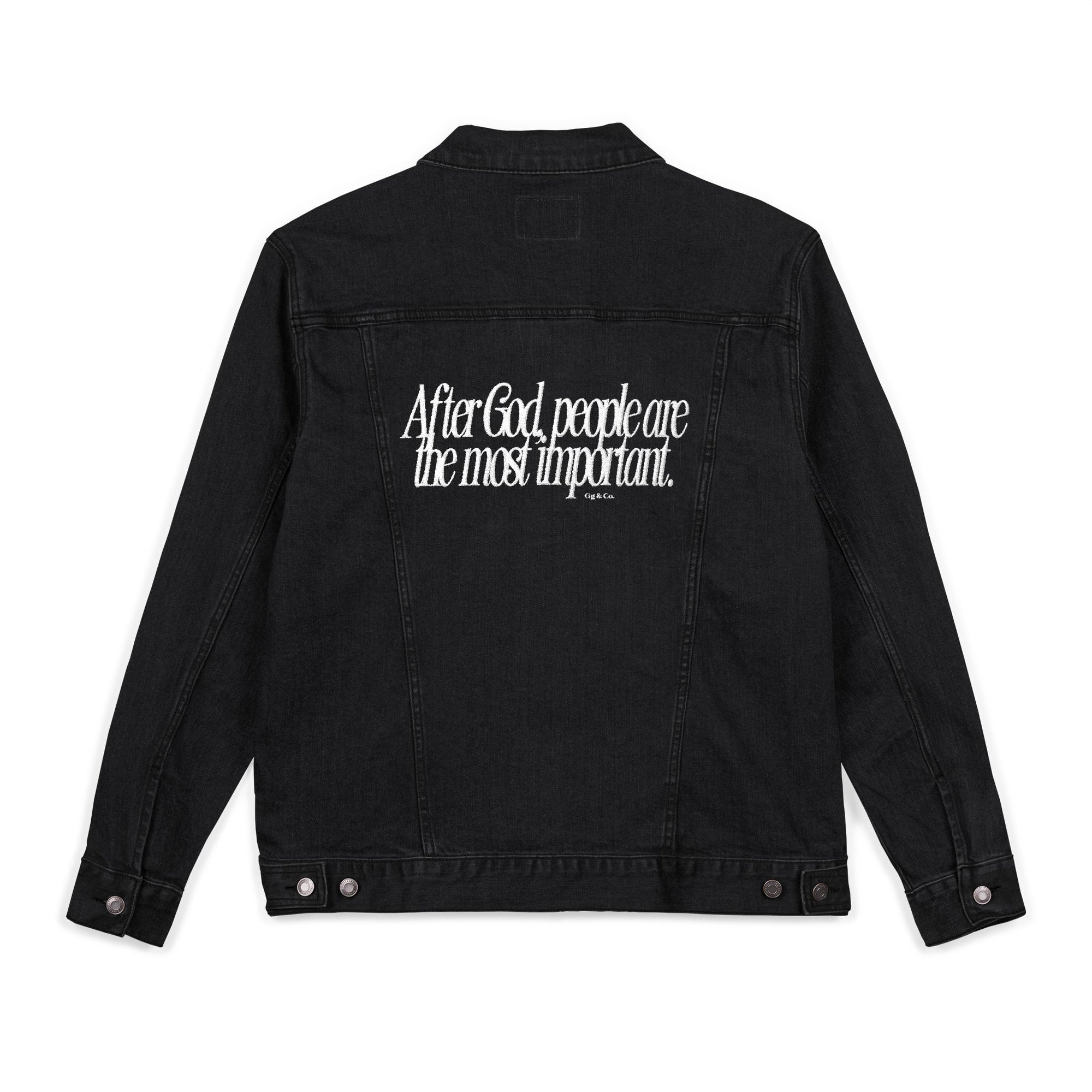 LOVE GOD, LOVE PEOPLE. Unisex Embroidered Denim Jacket, Casual Outerwear, Vintage Style Jacket, Perfect Gift for Friends, Trendy Layering Piece