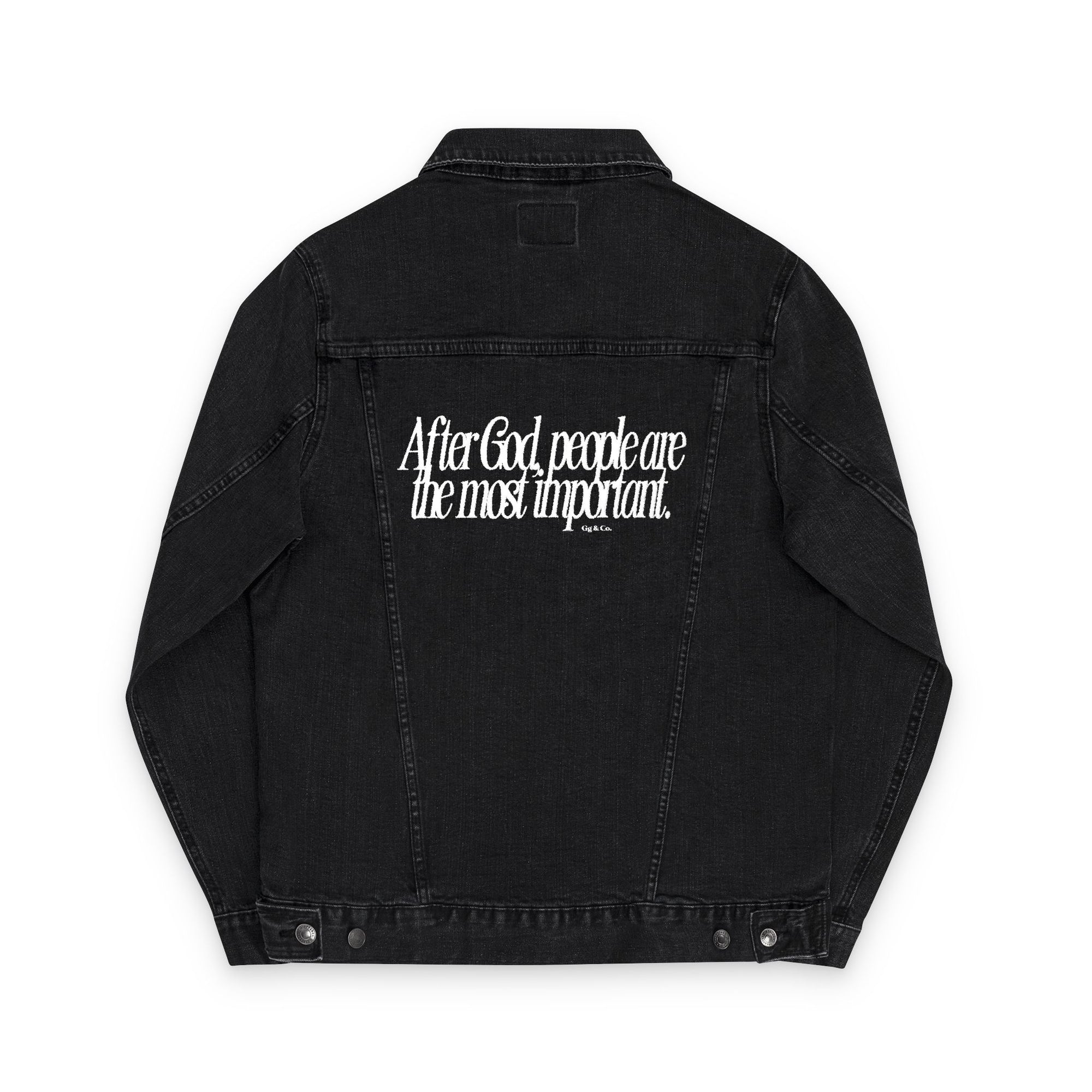 LOVE GOD, LOVE PEOPLE. Unisex Embroidered Denim Jacket, Casual Outerwear, Vintage Style Jacket, Perfect Gift for Friends, Trendy Layering Piece