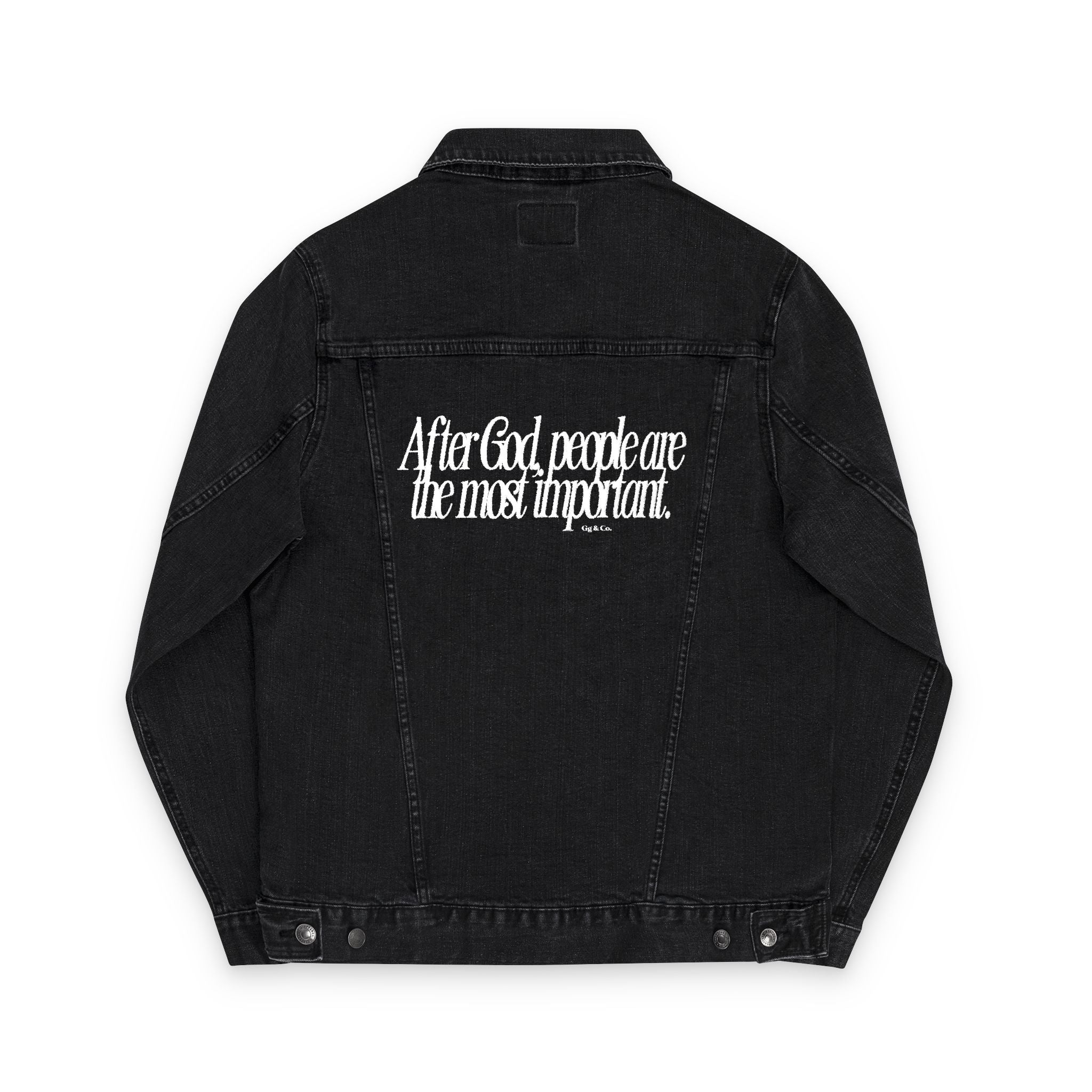 LOVE GOD, LOVE PEOPLE. Unisex Embroidered Denim Jacket, Casual Outerwear, Vintage Style Jacket, Perfect Gift for Friends, Trendy Layering Piece