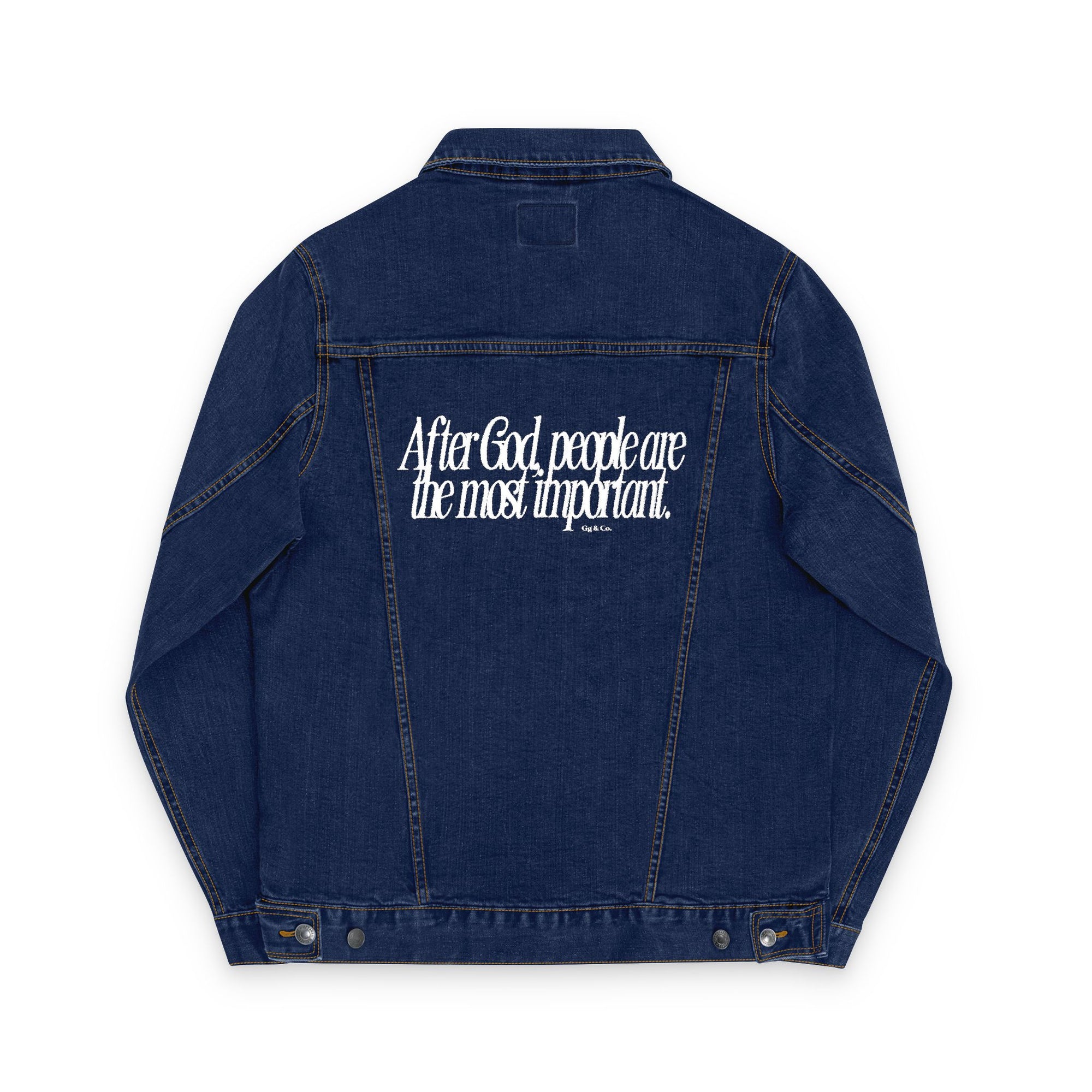 LOVE GOD, LOVE PEOPLE. Unisex Embroidered Denim Jacket, Casual Outerwear, Vintage Style Jacket, Perfect Gift for Friends, Trendy Layering Piece