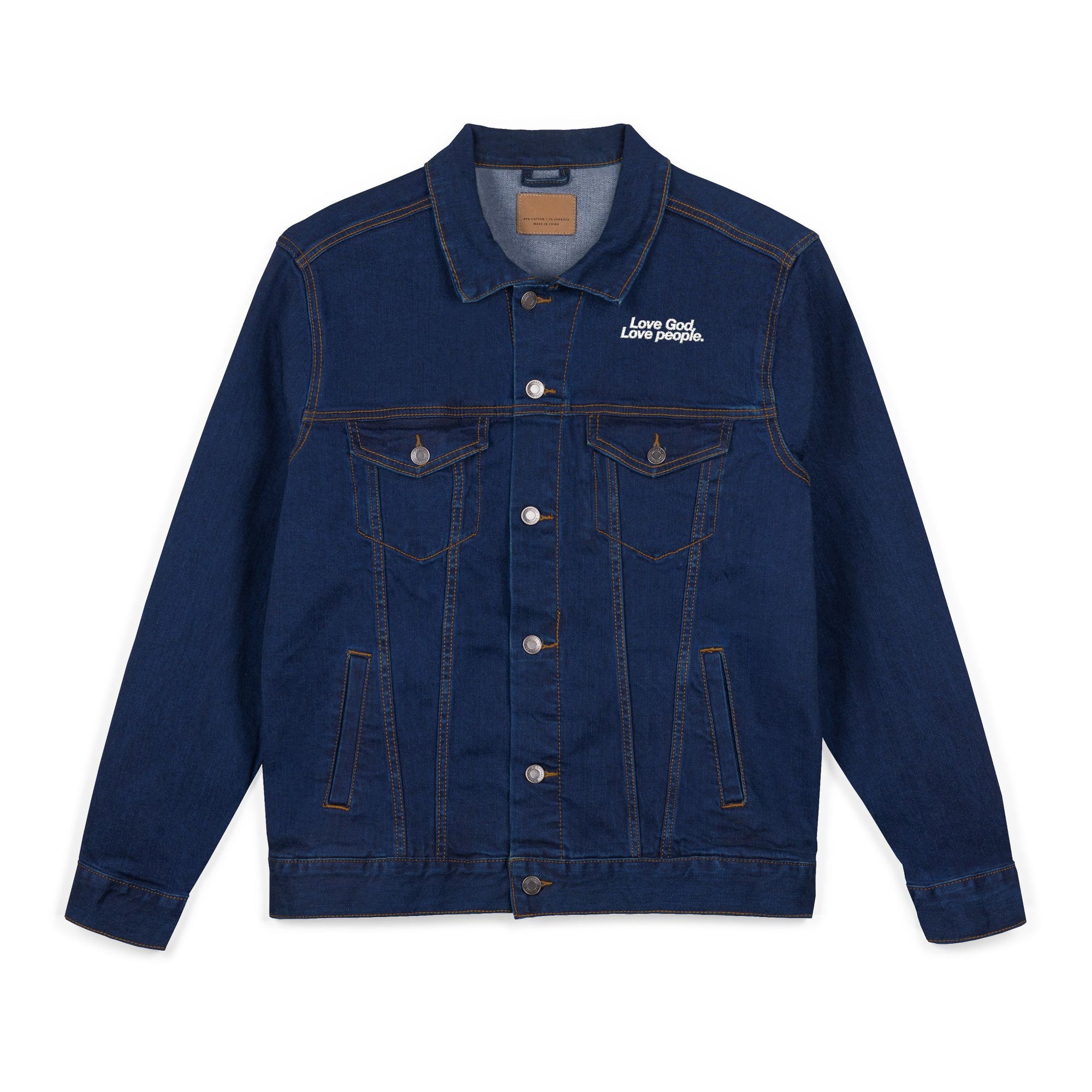 LOVE GOD, LOVE PEOPLE. Unisex Embroidered Denim Jacket, Casual Outerwear, Vintage Style Jacket, Perfect Gift for Friends, Trendy Layering Piece