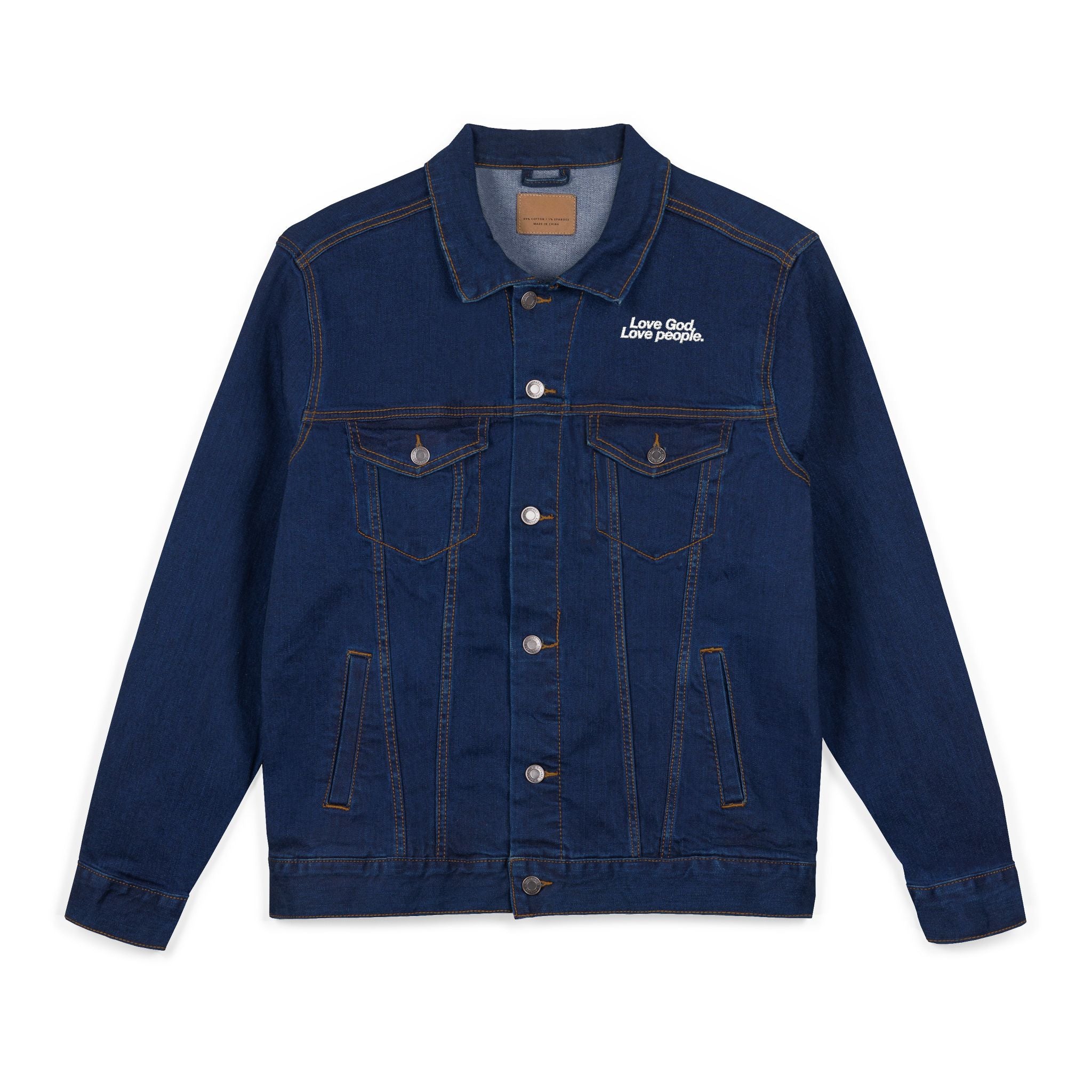 LOVE GOD, LOVE PEOPLE. Unisex Embroidered Denim Jacket, Casual Outerwear, Vintage Style Jacket, Perfect Gift for Friends, Trendy Layering Piece