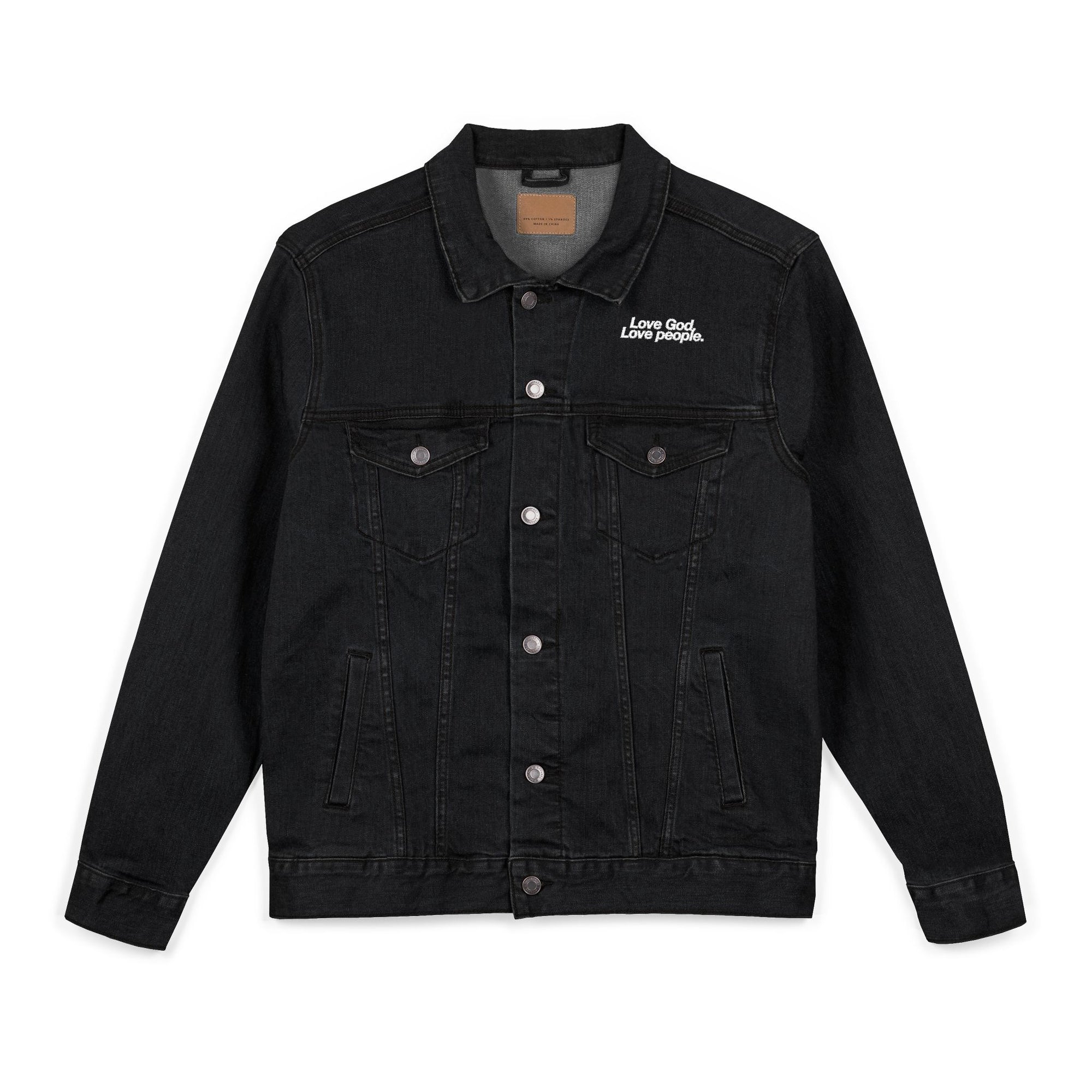 LOVE GOD, LOVE PEOPLE. Unisex Embroidered Denim Jacket, Casual Outerwear, Vintage Style Jacket, Perfect Gift for Friends, Trendy Layering Piece