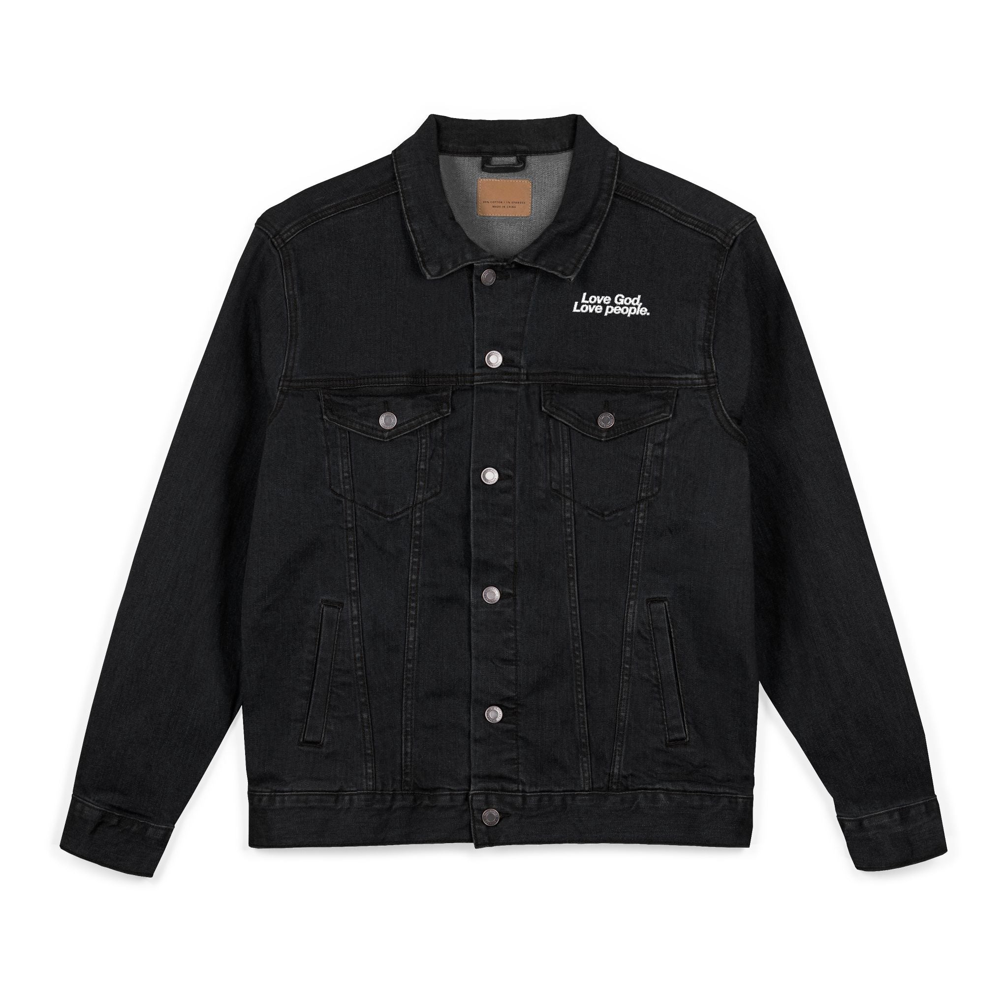 LOVE GOD, LOVE PEOPLE. Unisex Embroidered Denim Jacket, Casual Outerwear, Vintage Style Jacket, Perfect Gift for Friends, Trendy Layering Piece
