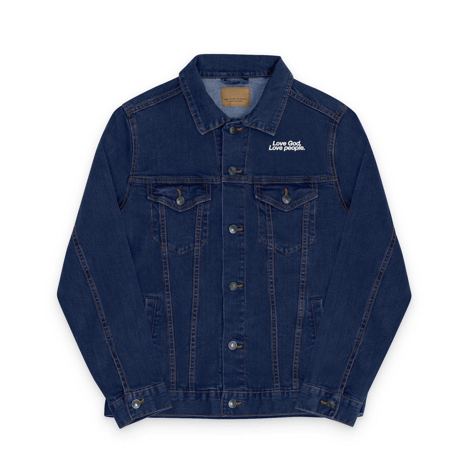 LOVE GOD, LOVE PEOPLE. Unisex Embroidered Denim Jacket, Casual Outerwear, Vintage Style Jacket, Perfect Gift for Friends, Trendy Layering Piece