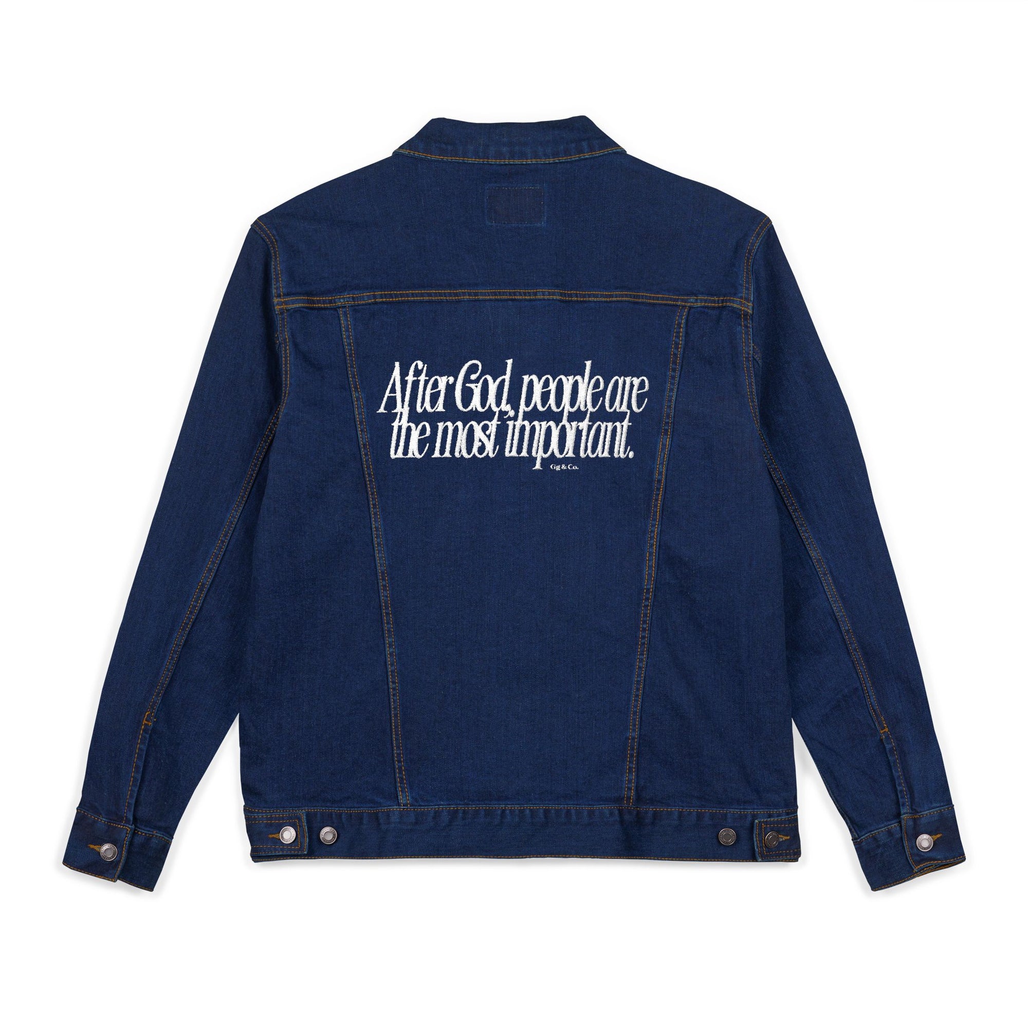 LOVE GOD, LOVE PEOPLE. Unisex Embroidered Denim Jacket, Casual Outerwear, Vintage Style Jacket, Perfect Gift for Friends, Trendy Layering Piece